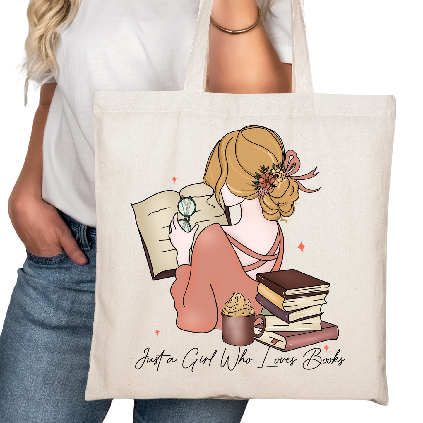 Just a Girl Who Loves Books Bookish Tote Bag – Reading Tote for Book Lovers – Book Reader Bag - Romance Reader Tote - Book Store Merchandise