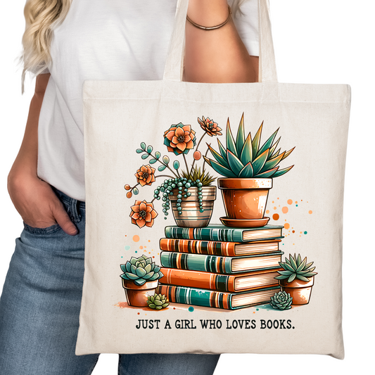 Girl Who Loves Books Plants Bookish Tote Bag – Reading Tote for Book Lovers – Book Reader Bag - Romance Reader Tote - Book Store Merchandise