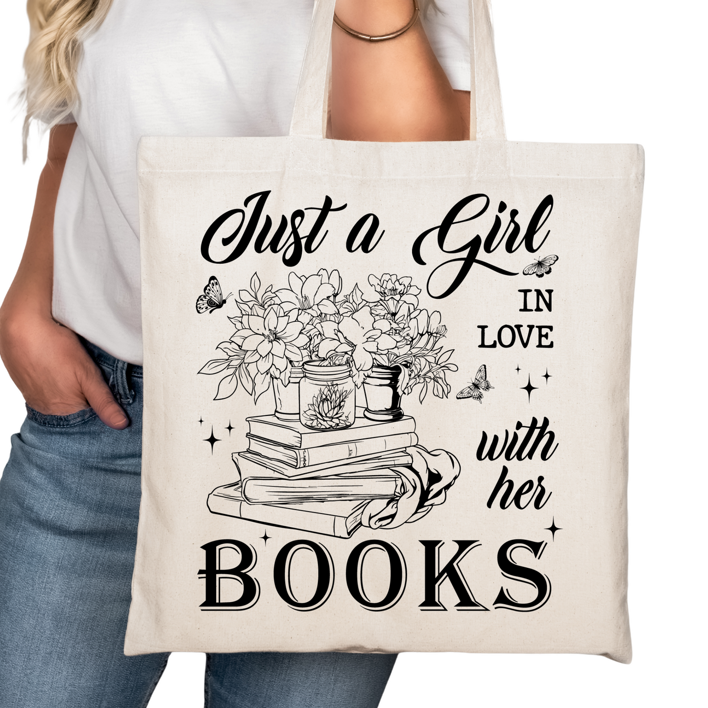 Just a Girl in Love With her Books Bookish Tote Bag – Reading Tote for Book Lovers – Book Reader Bag - Book Store Merchandise