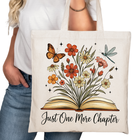 Just One More Chapter Bookish Tote Bag – Reading Tote for Book Lovers – Book Reader Bag - Romance Reader Tote - Book Store Merchandise