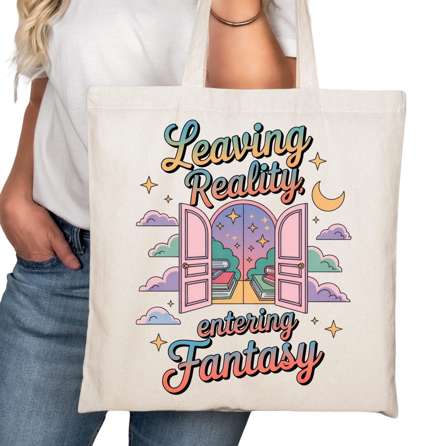 Leaving Reality Entering Fantasy Bookish Tote Bag – Reading Tote for Book Lovers – Book Reader Bag - Romance Reader Tote