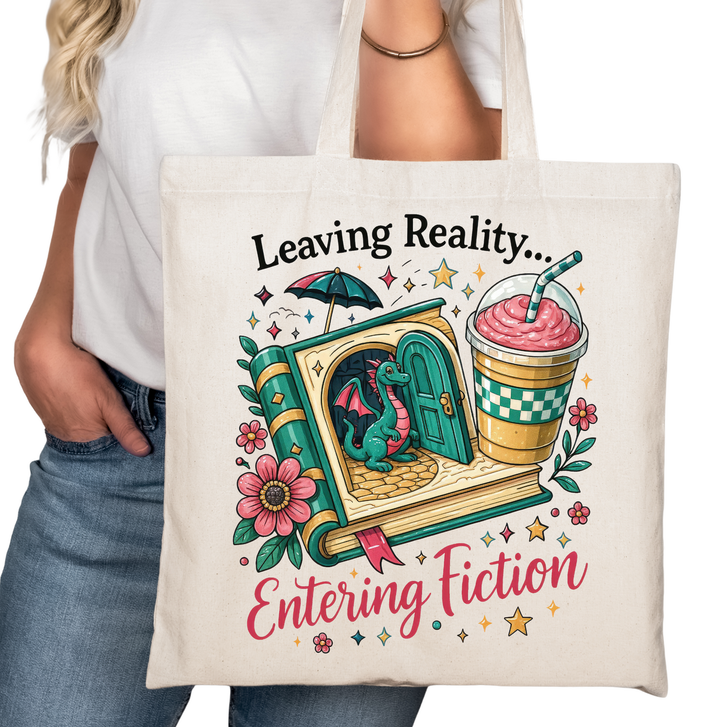 Leaving Reality Entering Fiction Bookish Tote Bag – Reading Tote for Book Lovers – Book Reader Bag - Book Store Merchandise