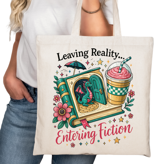 Leaving Reality Entering Fiction Bookish Tote Bag – Reading Tote for Book Lovers – Book Reader Bag - Book Store Merchandise