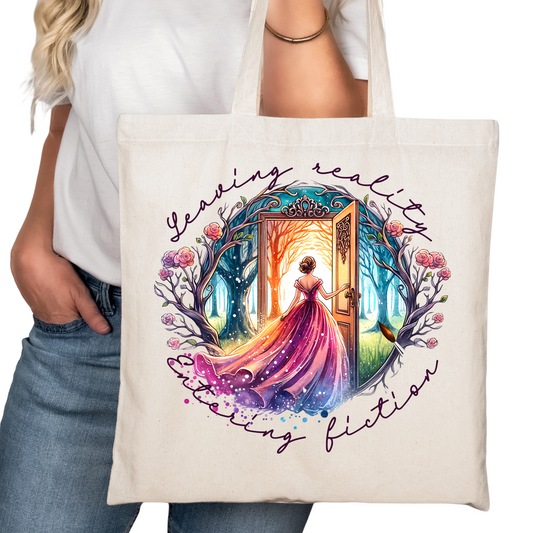 Leaving Reality Entering Fiction Bookish Tote Bag – Reading Tote for Book Lovers – Book Reader Bag - Romance Reader Tote - Book Store Merchandise
