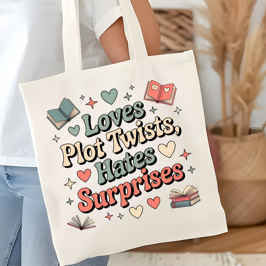 Loves Plot Twists Hates Surprises Bookish Tote Bag – Reading Tote for Book Lovers – Book Reader Bag - Romance Reader Tote - Book Store Merchandise
