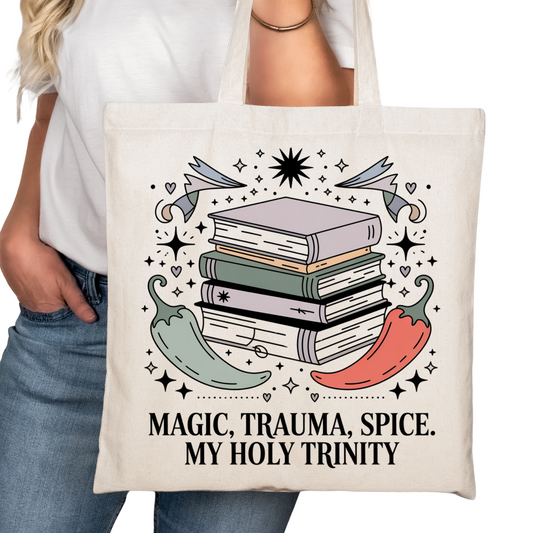 Magic Trauma Spice Bookish Tote Bag – Reading Tote for Book Lovers – Book Reader Bag - Romance Reader Tote - Book Store Merchandise