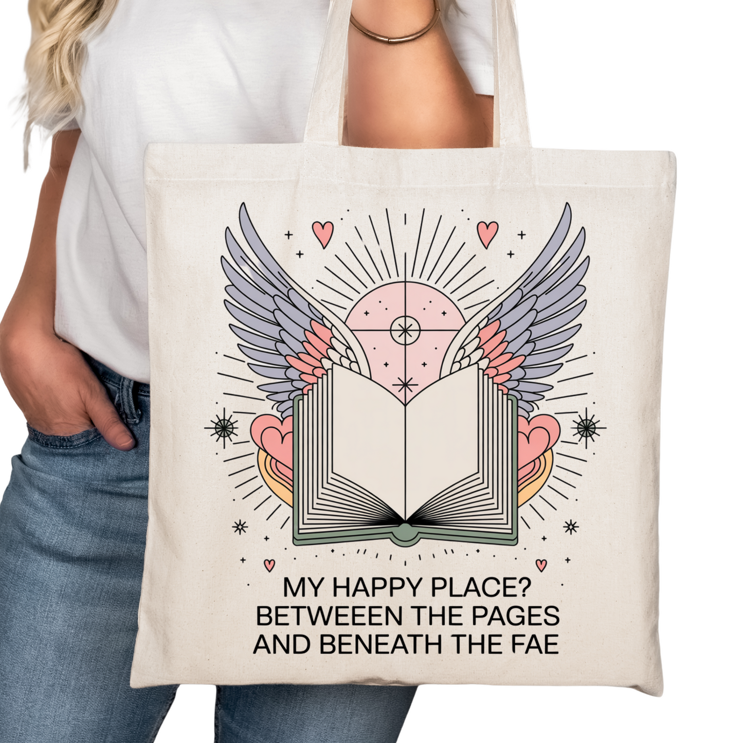 My Happy Place Beneath the Fey Bookish Tote Bag – Reading Tote for Book Lovers – Book Reader Bag - Romance Reader Tote - Book Store