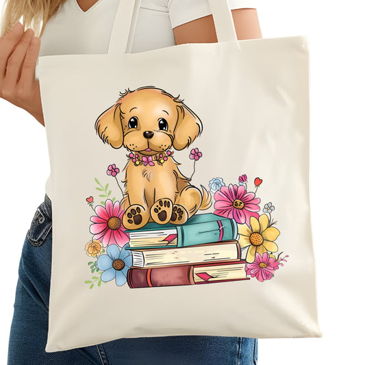 Cute Puppy on Books Bookish Tote Bag – Reading Tote for Book Lovers – Book Reader Bag - Romance Reader Tote - Book Store