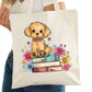 Cute Puppy on Books Bookish Tote Bag – Reading Tote for Book Lovers – Book Reader Bag - Romance Reader Tote - Book Store