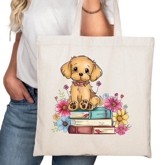 Cute Puppy on Books Bookish Tote Bag – Reading Tote for Book Lovers – Book Reader Bag - Romance Reader Tote - Book Store