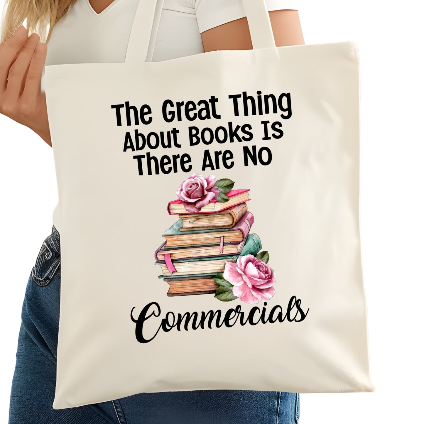 Books have No Commercials Bookish Tote Bag – Reading Tote for Book Lovers – Book Reader Bag - Romance Reader Tote - Book Store
