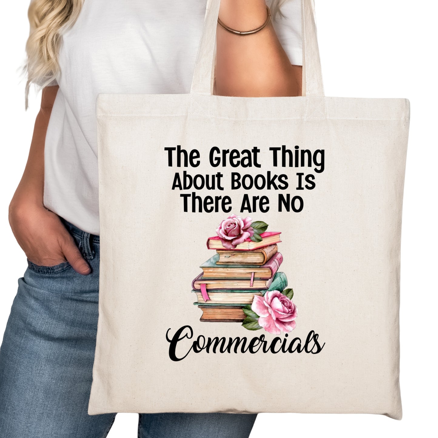Books have No Commercials Bookish Tote Bag – Reading Tote for Book Lovers – Book Reader Bag - Romance Reader Tote - Book Store