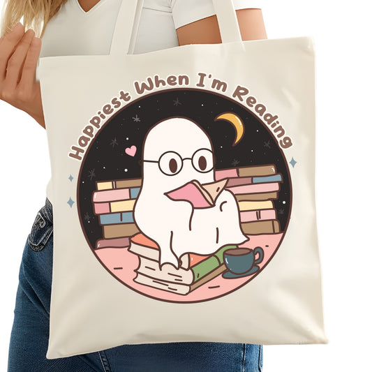 Happiest When I'm Reading Bookish Tote Bag – Reading Tote for Book Lovers – Book Reader Bag - Romance Reader Tote - Book Store