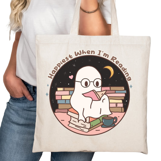 Happiest When I'm Reading Bookish Tote Bag – Reading Tote for Book Lovers – Book Reader Bag - Romance Reader Tote - Book Store