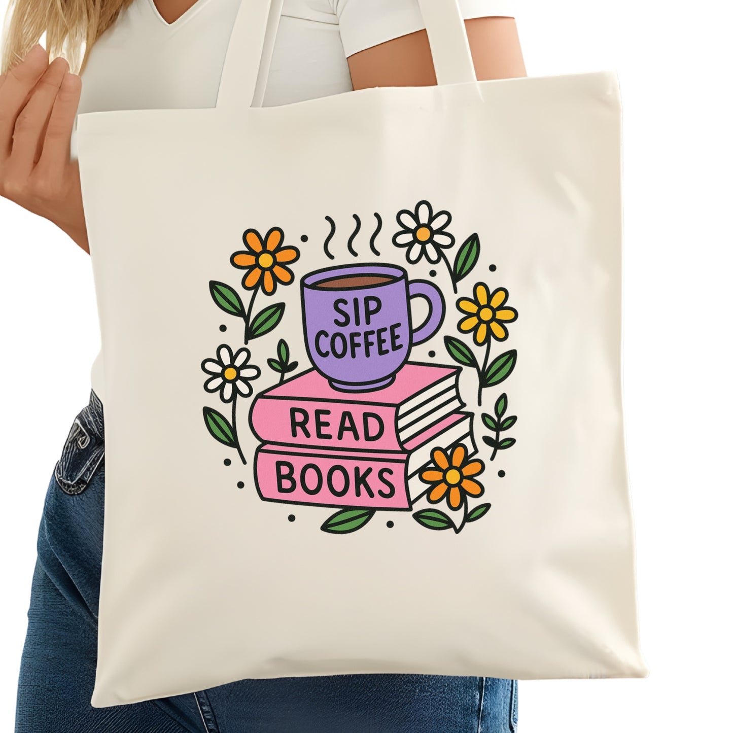 Sip Coffee Read Books Bookish Tote Bag – Reading Tote for Book Lovers – Book Reader Bag - Romance Reader Tote - Book Store