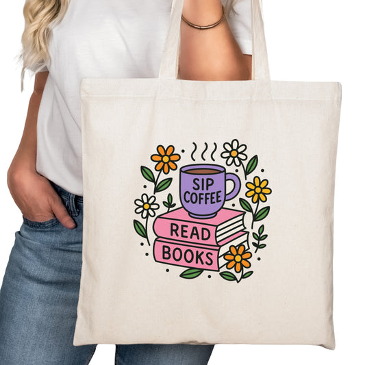 Sip Coffee Read Books Bookish Tote Bag – Reading Tote for Book Lovers – Book Reader Bag - Romance Reader Tote - Book Store