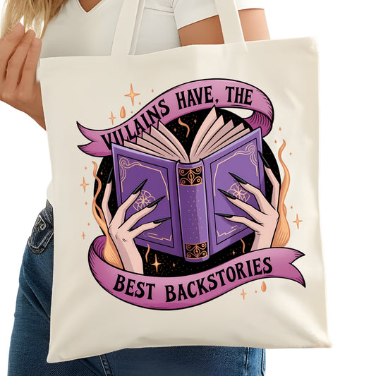 Villains Have the Best Backstories Bookish Tote Bag – Reading Tote for Book Lovers – Book Reader Bag - Romance Reader Tote - Book Store