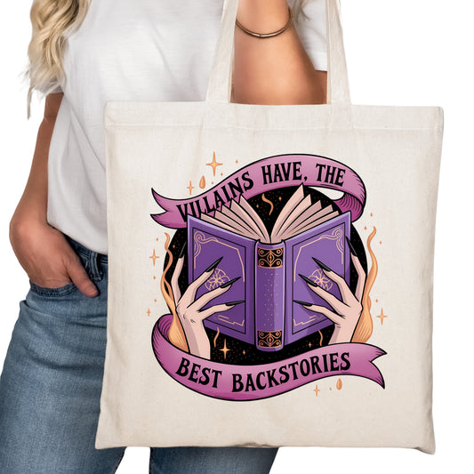 Villains Have the Best Backstories Bookish Tote Bag – Reading Tote for Book Lovers – Book Reader Bag - Romance Reader Tote - Book Store