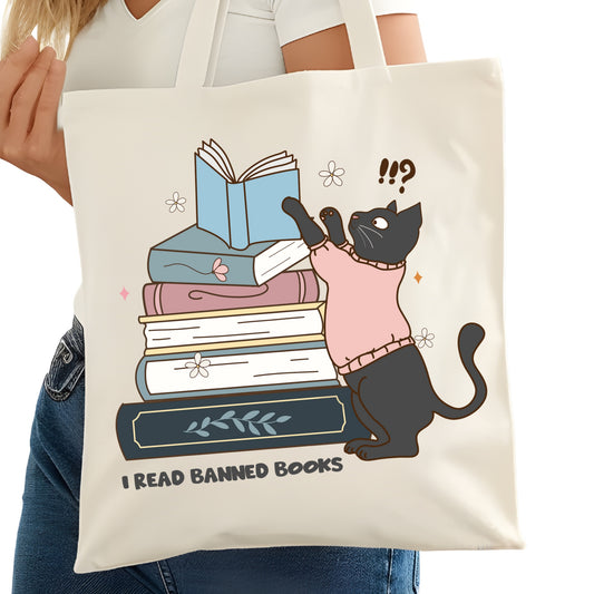 Cat I read Banned Books Bookish Tote Bag – Reading Tote for Book Lovers – Book Reader Bag - Romance Reader Tote - Book Store