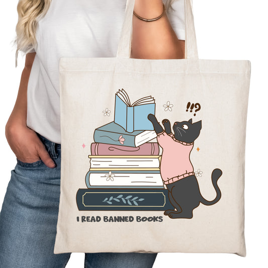 Cat I read Banned Books Bookish Tote Bag – Reading Tote for Book Lovers – Book Reader Bag - Romance Reader Tote - Book Store