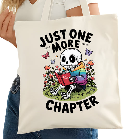 Just One More Chapter Skeleton Bookish Tote Bag – Reading Tote for Book Lovers – Book Reader Bag - Romance Reader Tote - Book Store