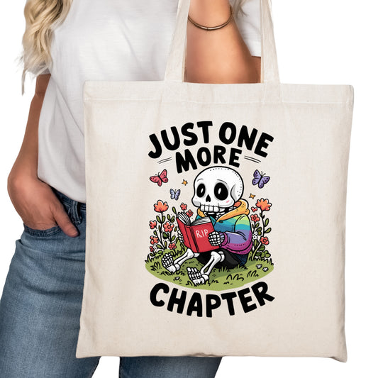 Just One More Chapter Skeleton Bookish Tote Bag – Reading Tote for Book Lovers – Book Reader Bag - Romance Reader Tote - Book Store