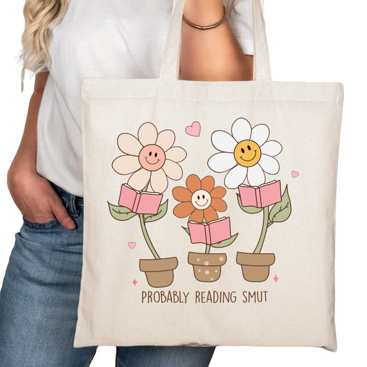 Probably Reading Smut Daisies Bookish Tote Bag – Reading Tote for Book Lovers – Book Reader Bag - Romance Reader Tote - Book Store
