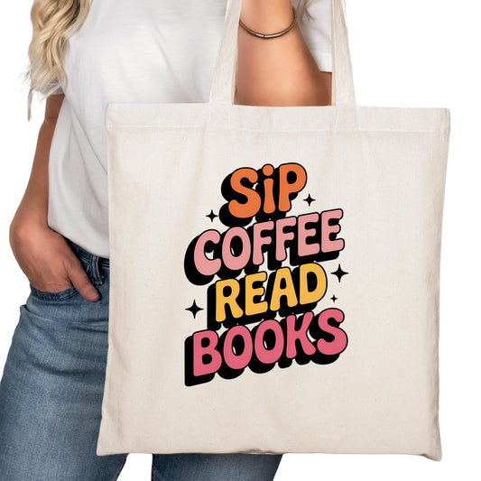 Sip Coffee Read Books Bookish Tote Bag – Reading Tote for Book Lovers – Book Reader Bag - Romance Reader Tote - Book Store