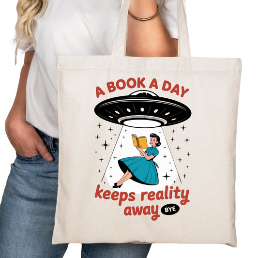 A Book a Day Keeps Reality Away Bookish Tote Bag – Reading Tote for Book Lovers – Book Reader Bag - Romance Reader Tote - Book Store