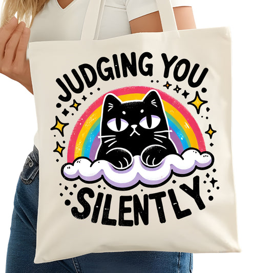 Judging You Silently Funny Cat Bookish Tote Bag – Reading Tote for Book Lovers – Book Reader Bag - Romance Reader Tote - Book Store
