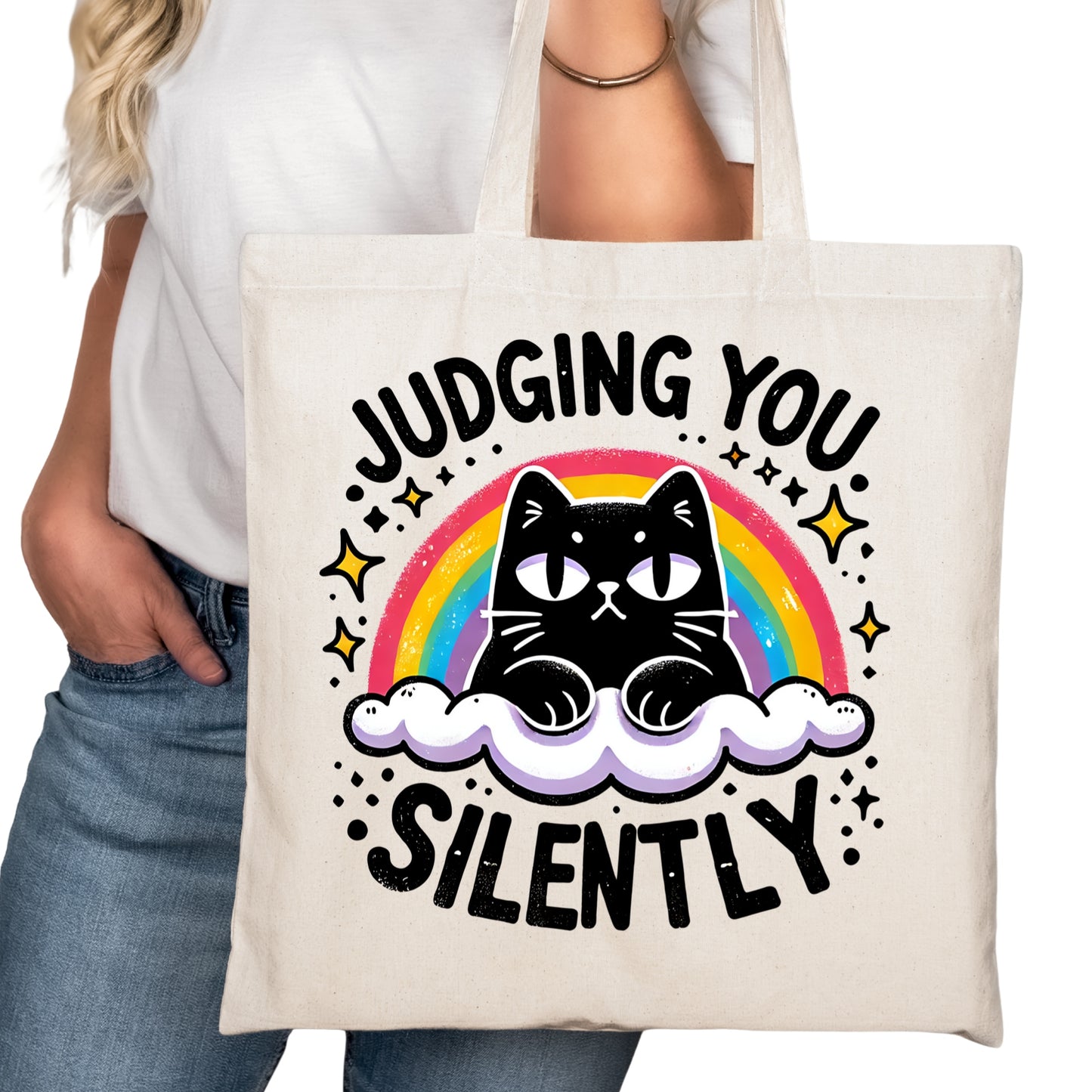 Judging You Silently Funny Cat Bookish Tote Bag – Reading Tote for Book Lovers – Book Reader Bag - Romance Reader Tote - Book Store