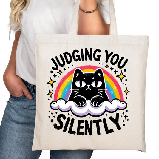 Judging You Silently Funny Cat Bookish Tote Bag – Reading Tote for Book Lovers – Book Reader Bag - Romance Reader Tote - Book Store