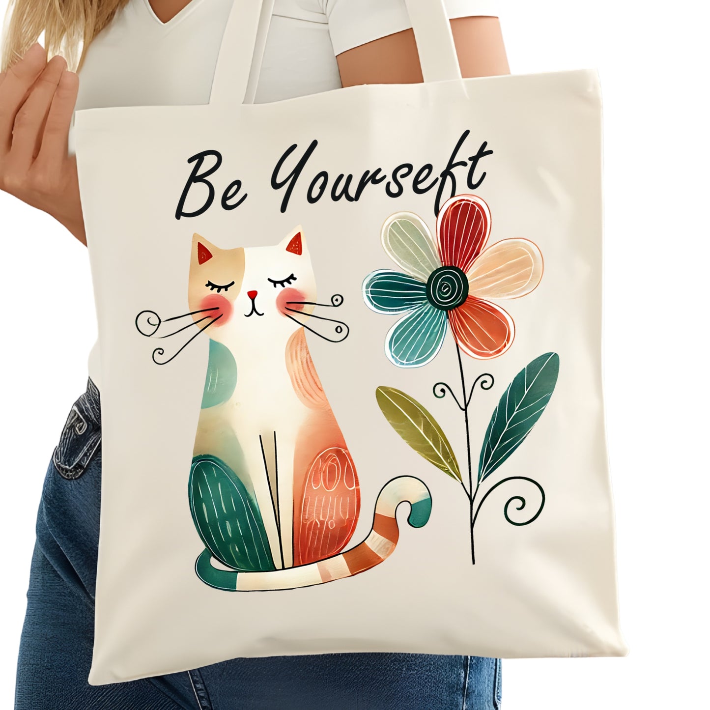 Be Yourself Cat Bookish Tote Bag – Reading Tote for Book Lovers – Book Reader Bag - Romance Reader Tote - Book Store