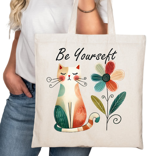 Be Yourself Cat Bookish Tote Bag – Reading Tote for Book Lovers – Book Reader Bag - Romance Reader Tote - Book Store