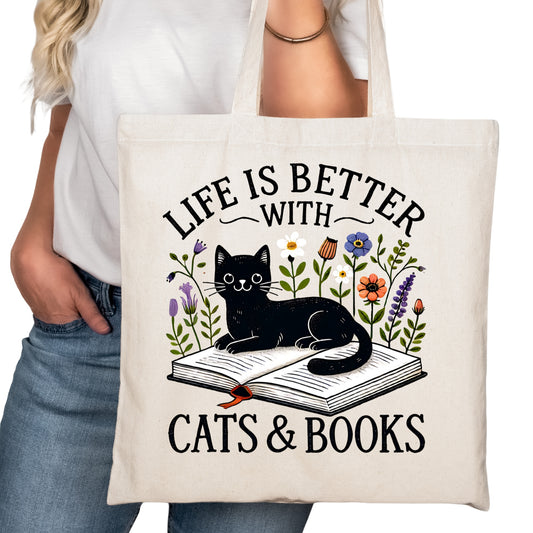 Life is Better with Cats and Books Bookish Tote Bag – Reading Tote for Book Lovers – Book Reader Bag - Romance Reader Tote - Book Store