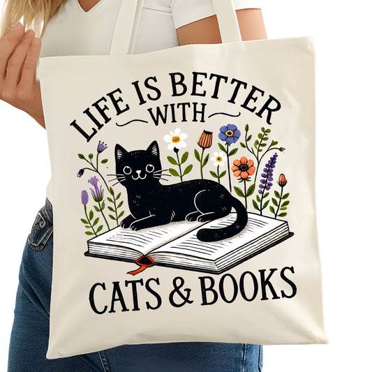 Life is Better with Cats and Books Bookish Tote Bag – Reading Tote for Book Lovers – Book Reader Bag - Romance Reader Tote - Book Store