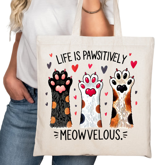 Life is Pawsitvely MEOWvelous Cat Tote Bag – Reading Tote for Book Lovers – Book Reader Bag - Romance Reader Tote - Book Store