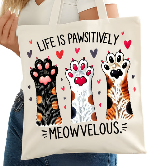 Life is Pawsitvely MEOWvelous Cat Tote Bag – Reading Tote for Book Lovers – Book Reader Bag - Romance Reader Tote - Book Store
