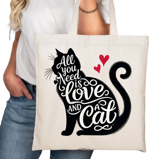 All You Need is Love and a Cat Tote Bag – Reading Tote for Book Lovers – Book Reader Bag - Romance Reader Tote - Book Store