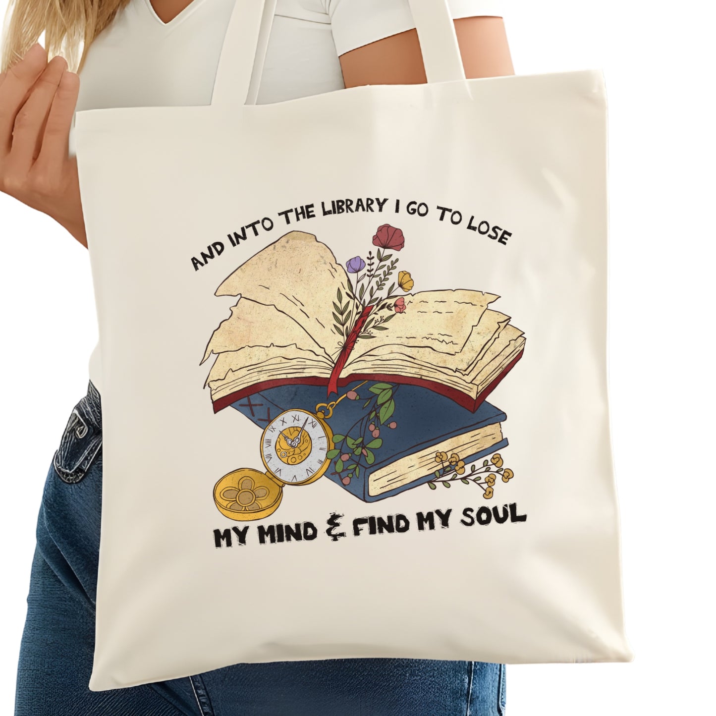 Into the Library I go  Bookish Tote Bag – Reading Tote for Book Lovers – Book Reader Bag - Romance Reader Tote - Book Store