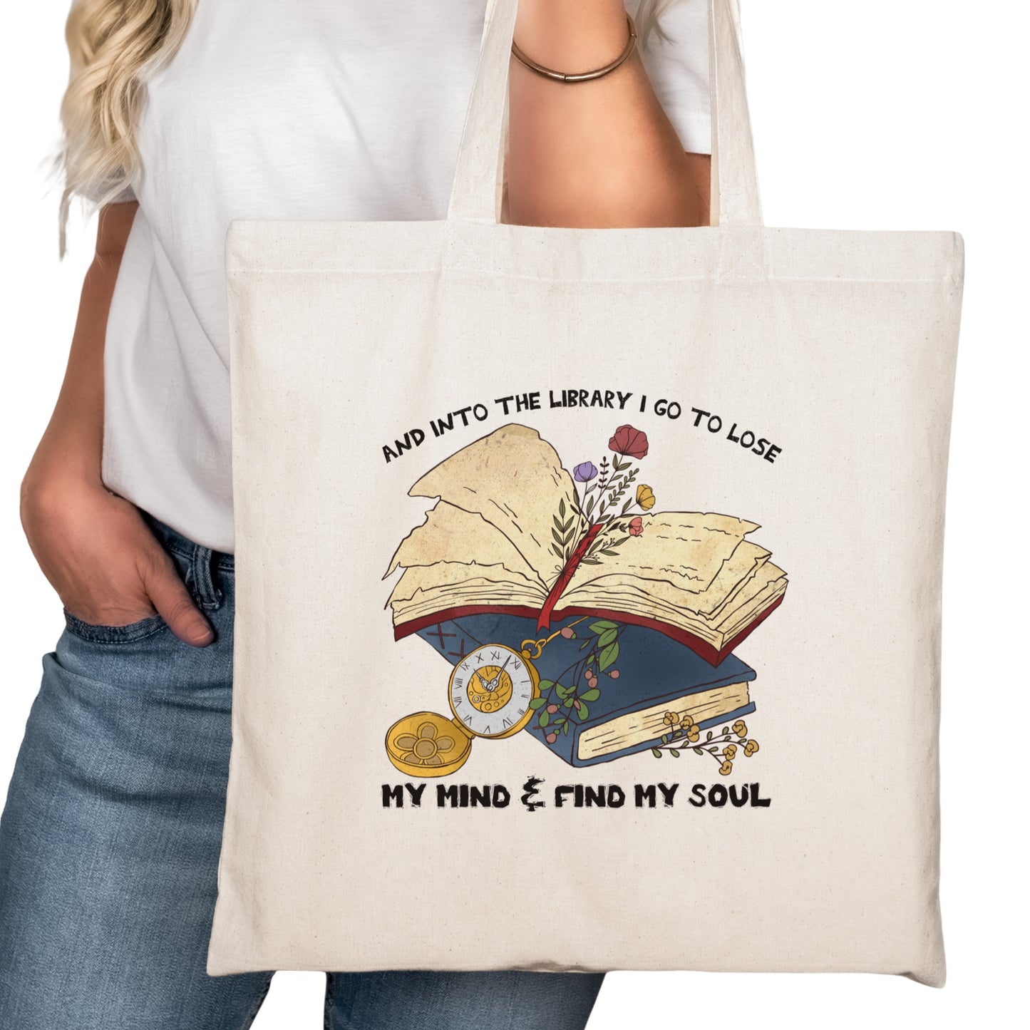 Into the Library I go  Bookish Tote Bag – Reading Tote for Book Lovers – Book Reader Bag - Romance Reader Tote - Book Store