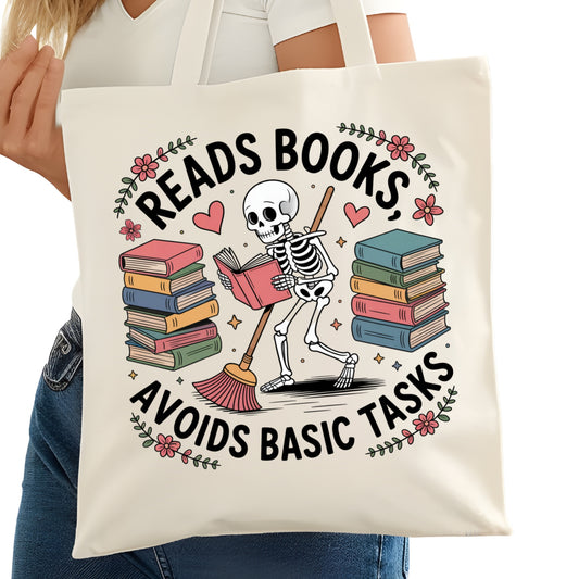 Reads Books Avoids Basic Tasks Bookish Tote Bag – Reading Tote for Book Lovers – Book Reader Bag - Romance Reader Tote - Book Store