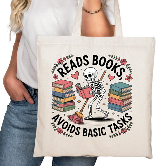 Reads Books Avoids Basic Tasks Bookish Tote Bag – Reading Tote for Book Lovers – Book Reader Bag - Romance Reader Tote - Book Store