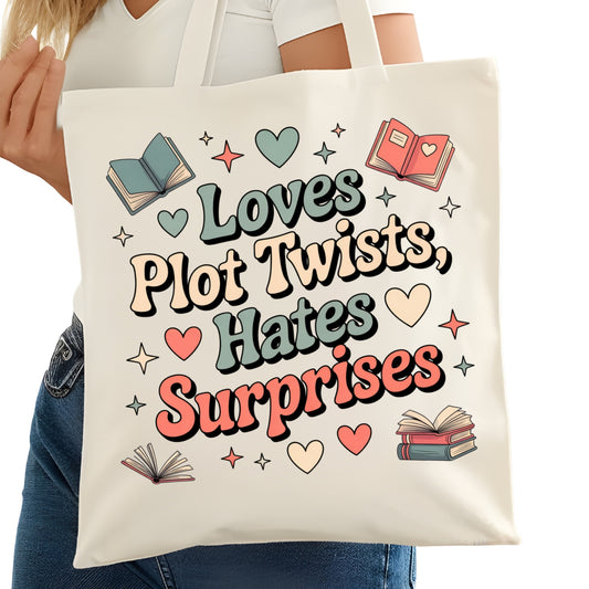 Loves Plot Twists Hates Surprises Bookish Tote Bag – Reading Tote for Book Lovers – Book Reader Bag - Romance Reader Tote - Book Store
