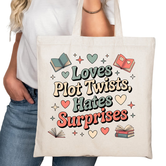 Loves Plot Twists Hates Surprises Bookish Tote Bag – Reading Tote for Book Lovers – Book Reader Bag - Romance Reader Tote - Book Store