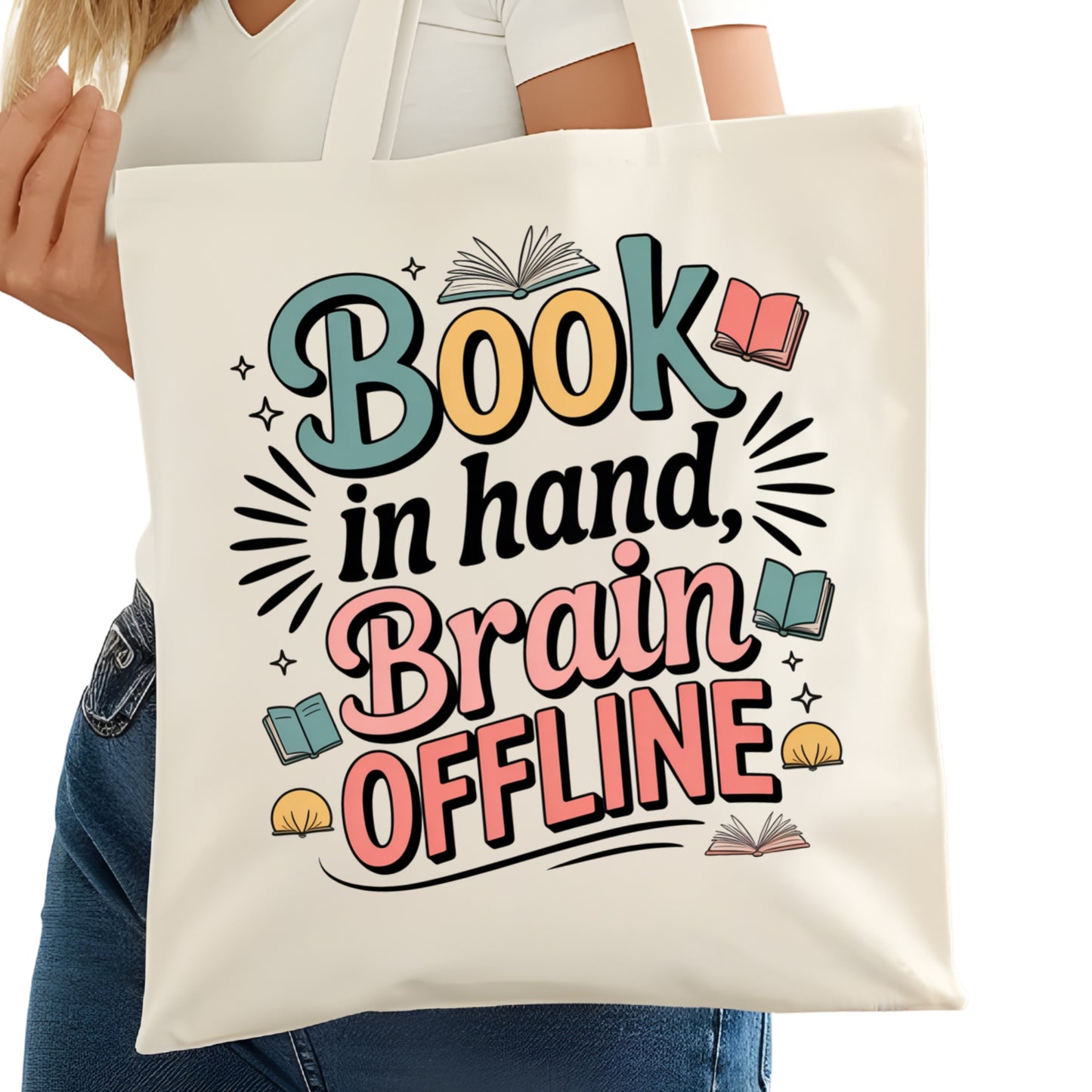 Book in Hand Brain Offline Bookish Tote Bag – Reading Tote for Book Lovers – Book Reader Bag - Romance Reader Tote - Book Store