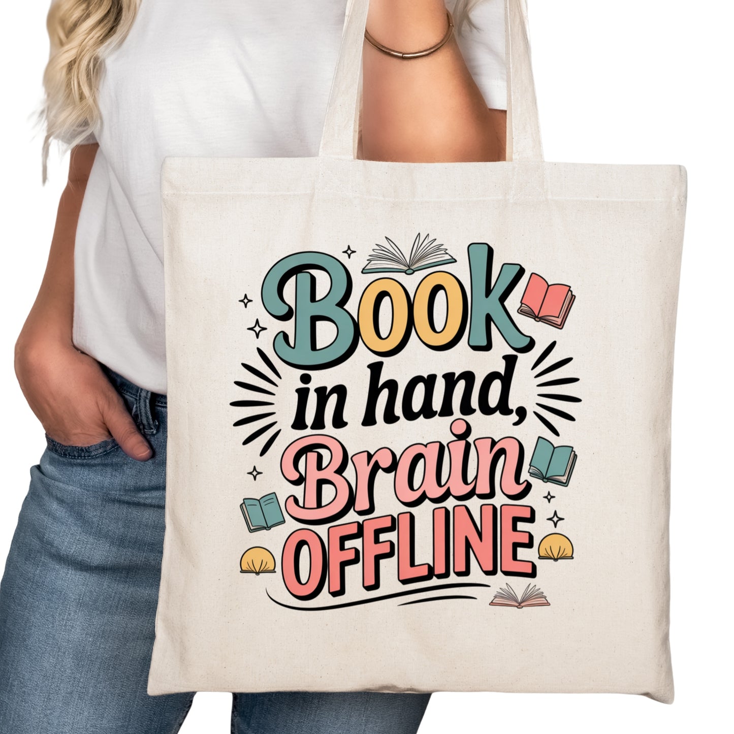 Book in Hand Brain Offline Bookish Tote Bag – Reading Tote for Book Lovers – Book Reader Bag - Romance Reader Tote - Book Store