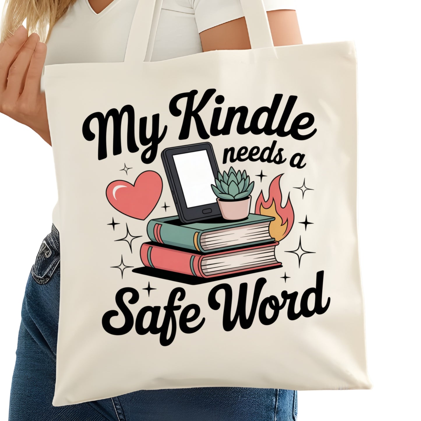 My Kindle Needs a Safe Word Bookish Tote Bag – Reading Tote for Book Lovers – Book Reader Bag - Romance Reader Tote - Book Store