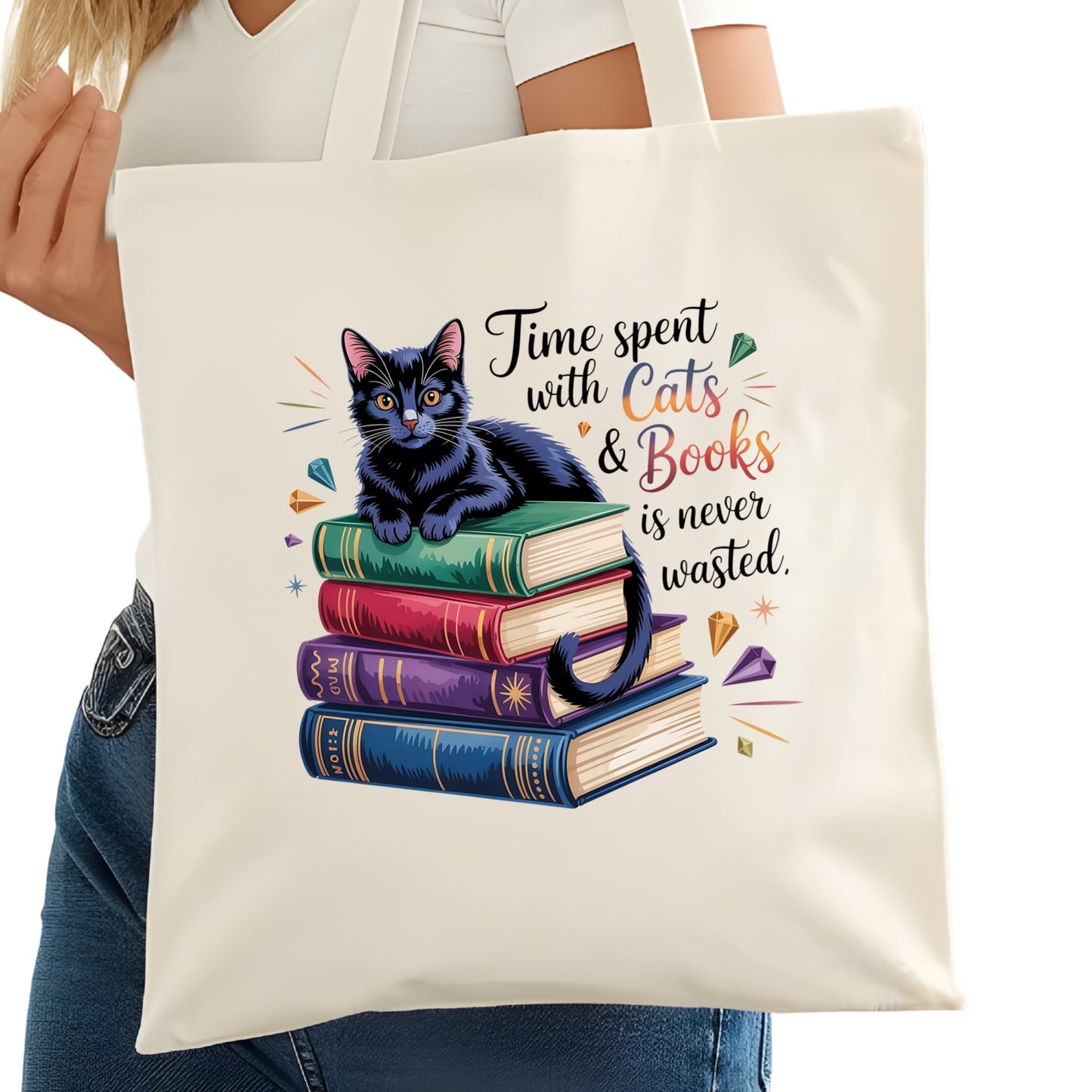 Time Spent with Cats And Books Bookish Tote Bag – Reading Tote for Book Lovers – Book Reader Bag - Romance Reader Tote - Book Store