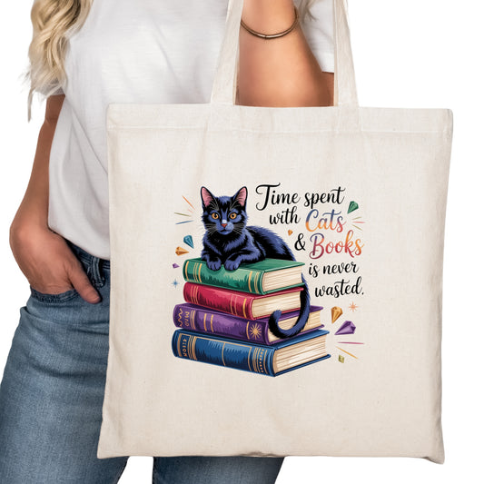 Time Spent with Cats And Books Bookish Tote Bag – Reading Tote for Book Lovers – Book Reader Bag - Romance Reader Tote - Book Store